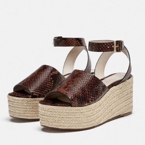 Zara Leather Snakeprint Wedge Espadrilles